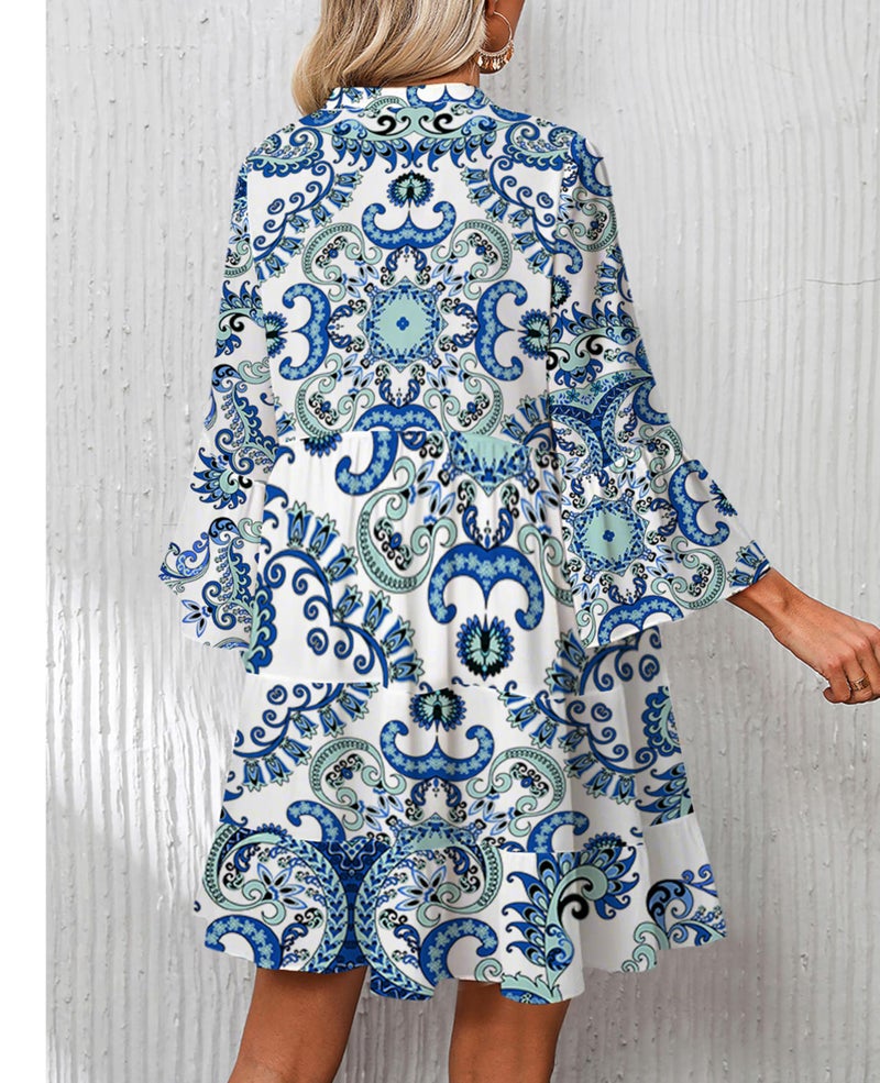 SELINK Womens Long Sleeve Dresses Casual V Neck Tribal Print Button Flowy Boho Mini Beach Dress White Blue Tribal-L - Image 2