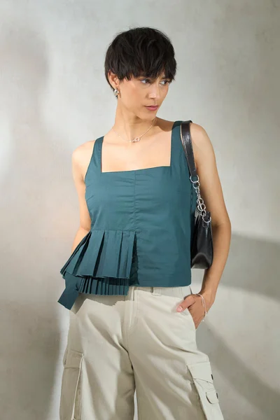 فيرجيو Cotton Stretch Daywear Dip Hem Pleat Tops for Women