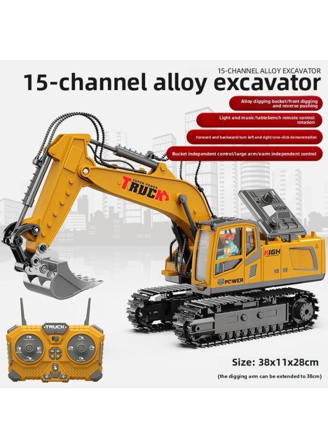Children's Alloy Remote Control Excavator Boy Car Simulation Car Toy Electric Excavator Engineering Car Excavator Model-Color:15-pass Excavator 【yellow】-Proportion:Four Electric Version - Image 1