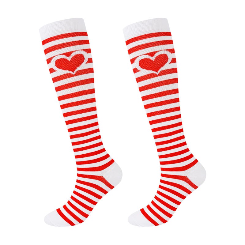 Junely Compression Socks for Women Heart Striped Knee High Stockings for Valentines Day Running Athletic Nurses Pregnant Women Work Support Travel Flight Sports Gifts Red White - Image 1