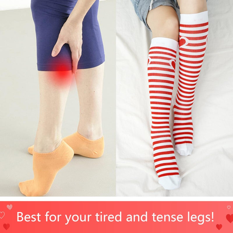 Junely Compression Socks for Women Heart Striped Knee High Stockings for Valentines Day Running Athletic Nurses Pregnant Women Work Support Travel Flight Sports Gifts Red White - Image 4
