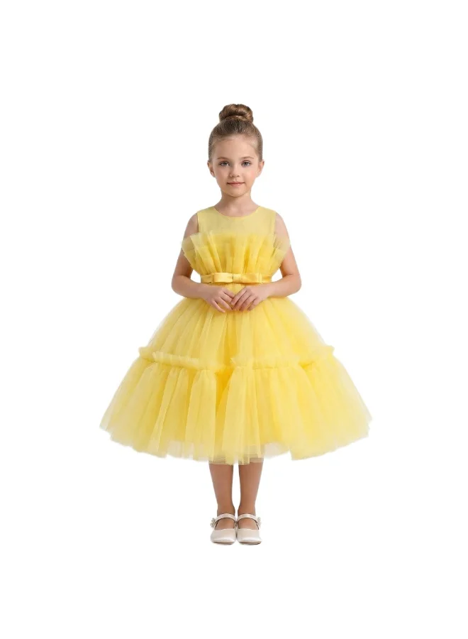 بيداني Girls Ruffle Party Dress with Satin Bow - Yellow