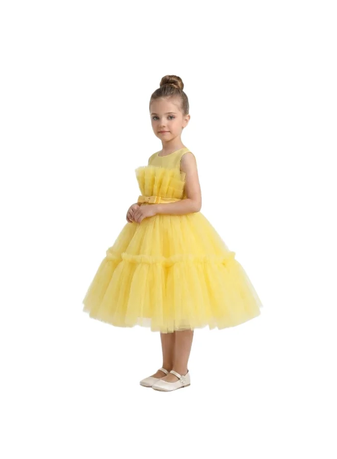 بيداني Girls Ruffle Party Dress with Satin Bow - Yellow