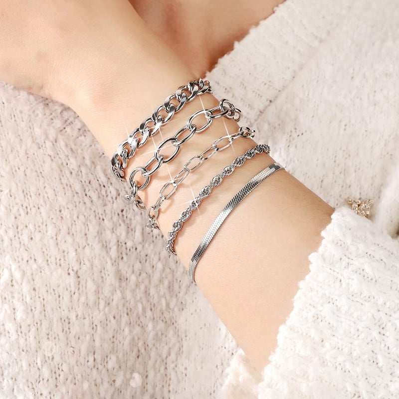 SEEDRILL Silvery Bracelets for Women Waterproof Non Tarnish Jewelry Sets 316L Stainless Steel Chunky Bracelet Stackable Layered Cuban Link Herringbone Rope Chain Bracelets Gifts for Women Trendy - Image 2