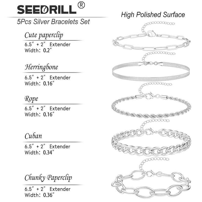SEEDRILL Silvery Bracelets for Women Waterproof Non Tarnish Jewelry Sets 316L Stainless Steel Chunky Bracelet Stackable Layered Cuban Link Herringbone Rope Chain Bracelets Gifts for Women Trendy - Image 5