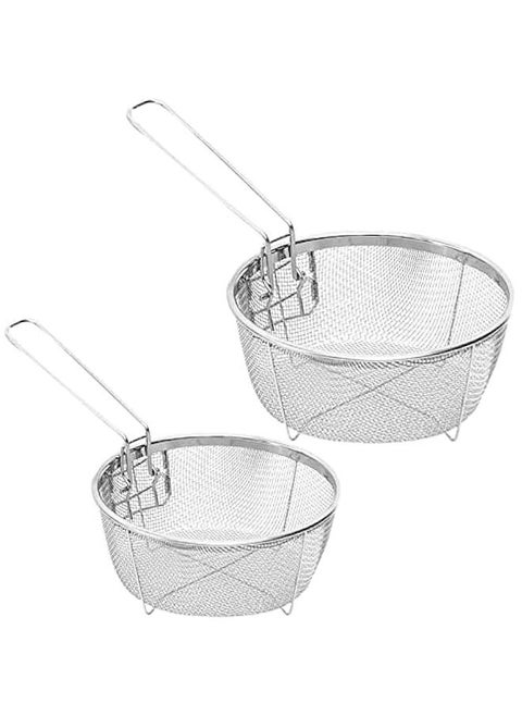 2 Round Wire Fry Basket Fryer Strainer For Frying,Round Wire Mesh Fry Food Display Cutlery,French Chip Frying Serving Food Presentation Tableware With Folding Handles For Kitchen Frying Pasta