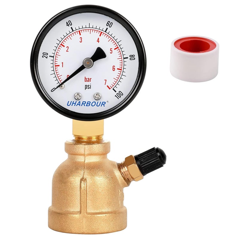 Uharbour Brass Gas Pressure Tester Gauge, 3/4" FNPT Forged Brass Assembly with Air Pressure Gauge 100psi and Air Bleeding Valve, Widely for Pressure Testing on Home Gas Line.… - Image 1