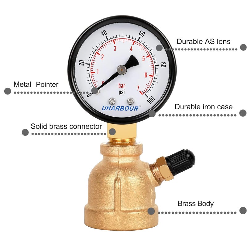 Uharbour Brass Gas Pressure Tester Gauge, 3/4" FNPT Forged Brass Assembly with Air Pressure Gauge 100psi and Air Bleeding Valve, Widely for Pressure Testing on Home Gas Line.… - Image 4