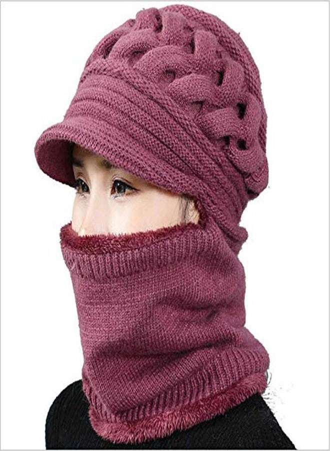 V3E Girl's Winter Warm Knit Hat Wool Snow Ski Visor Neckwarmer Cap (Pink,Free Size) - Image 3