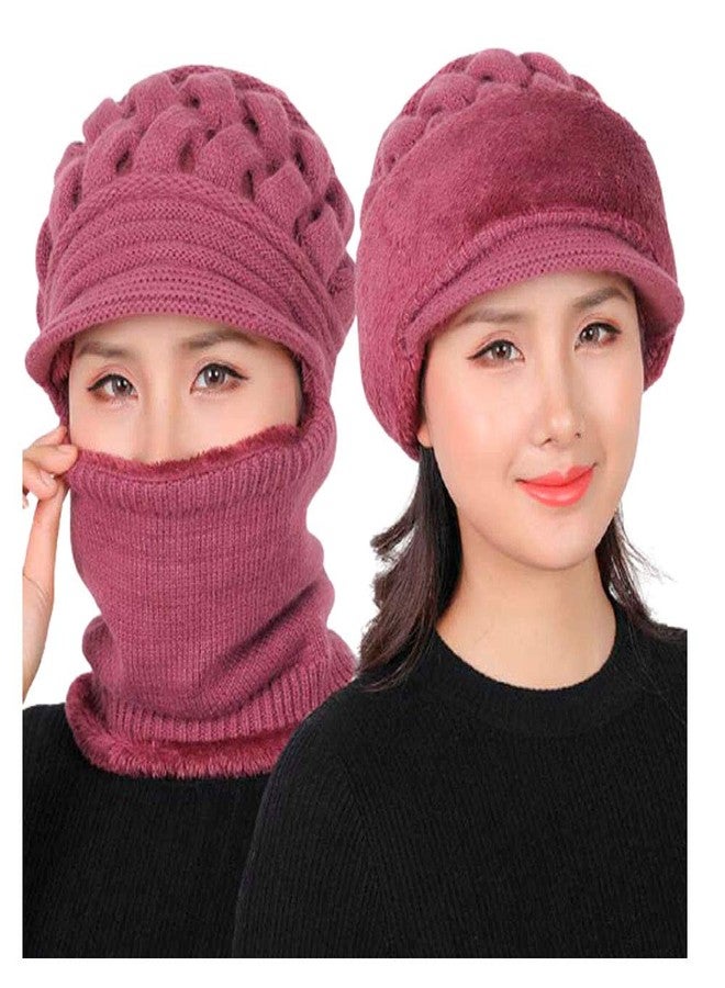 V3E Girl's Winter Warm Knit Hat Wool Snow Ski Visor Neckwarmer Cap (Pink,Free Size) - Image 1