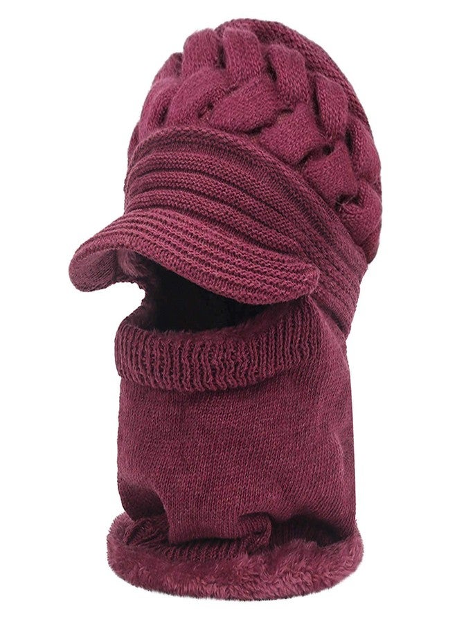 V3E Girl's Winter Warm Knit Hat Wool Snow Ski Visor Neckwarmer Cap (Pink,Free Size) - Image 4