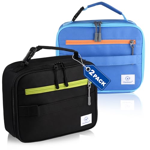 Genteen 2 Packs Insulated Soft Lunch Bag With Double Zipper - Sturdy, Freezable and Reusable for Kids, Men - For School, Work, Outdoor (Black & Blue) - Image 1