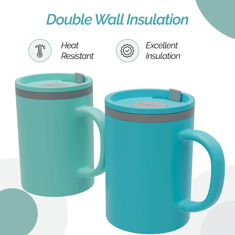 Copco Iconic 16oz Double Wall Insulated Desk Mug with Lid and Handle, Set of 2, BPA-Free Reusable Plastic, Spill-Proof, Microwave & Dishwasher Safe, Wide Mouth, Cup Holder Friendly (Aqua/Mint) - Image 3
