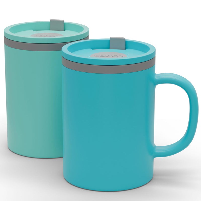Copco Iconic 16oz Double Wall Insulated Desk Mug with Lid and Handle, Set of 2, BPA-Free Reusable Plastic, Spill-Proof, Microwave & Dishwasher Safe, Wide Mouth, Cup Holder Friendly (Aqua/Mint) - Image 1