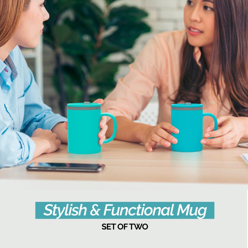 Copco Iconic 16oz Double Wall Insulated Desk Mug with Lid and Handle, Set of 2, BPA-Free Reusable Plastic, Spill-Proof, Microwave & Dishwasher Safe, Wide Mouth, Cup Holder Friendly (Aqua/Mint) - Image 2