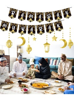 AUTOYSUR Ramadan Mubarak Decorations for Home, Ramadan Sign with Hanging Backdrop Banner for Wall Party Supplies Gold Black  - Image 3