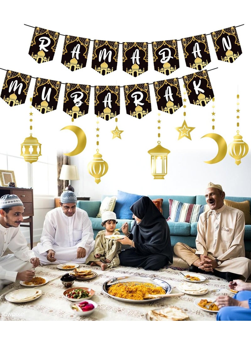 AUTOYSUR Ramadan Mubarak Decorations for Home, Ramadan Sign with Hanging Backdrop Banner for Wall Party Supplies Gold Black  - Image 3