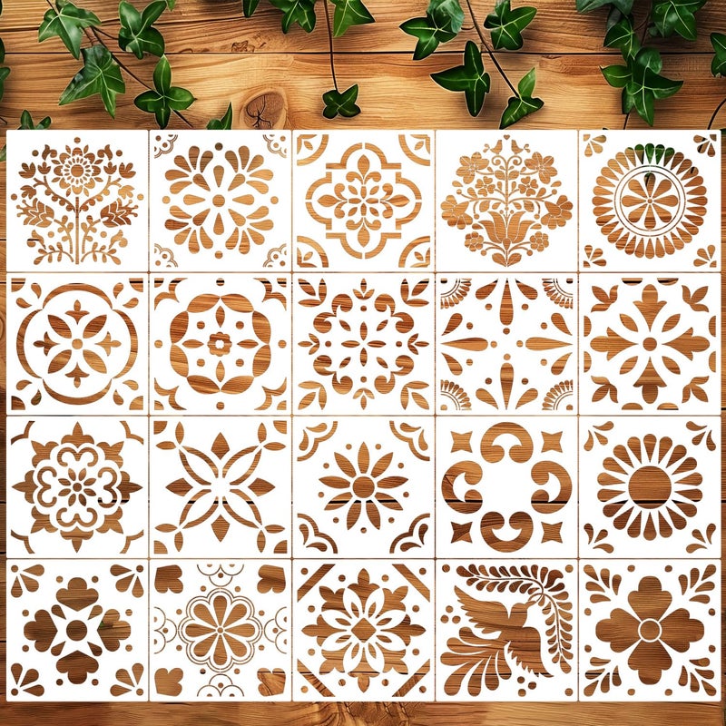 zosylley Talavera Stencil Reusable Tile Stencil 8inch Floral Folk Mexican Stencils for Painting on Wall Floor Furniture Wood Home Decor - Image 1