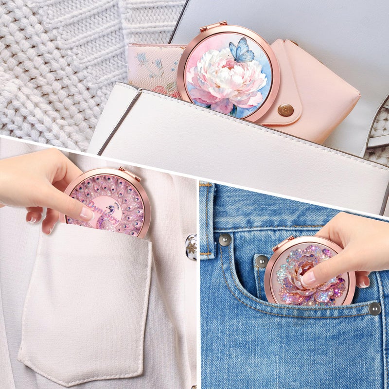 Dynippy Compact Mirror Rose Gold Makeup Mirror Folding Mini Pocket Mirror Portable Hand Mirror Double-Sided 2 x 1x Magnification for Woman Girls (A-Peacock) - Image 5