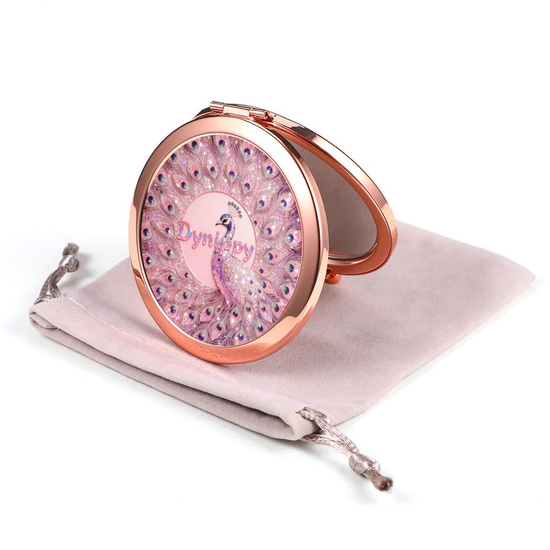 Dynippy Compact Mirror Rose Gold Makeup Mirror Folding Mini Pocket Mirror Portable Hand Mirror Double-Sided 2 x 1x Magnification for Woman Girls (A-Peacock) - Image 1