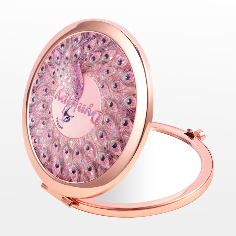 Dynippy Compact Mirror Rose Gold Makeup Mirror Folding Mini Pocket Mirror Portable Hand Mirror Double-Sided 2 x 1x Magnification for Woman Girls (A-Peacock) - Image 3