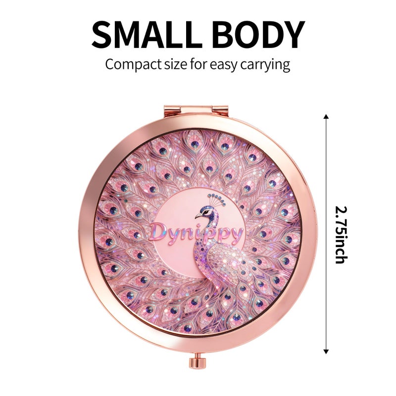 Dynippy Compact Mirror Rose Gold Makeup Mirror Folding Mini Pocket Mirror Portable Hand Mirror Double-Sided 2 x 1x Magnification for Woman Girls (A-Peacock) - Image 2