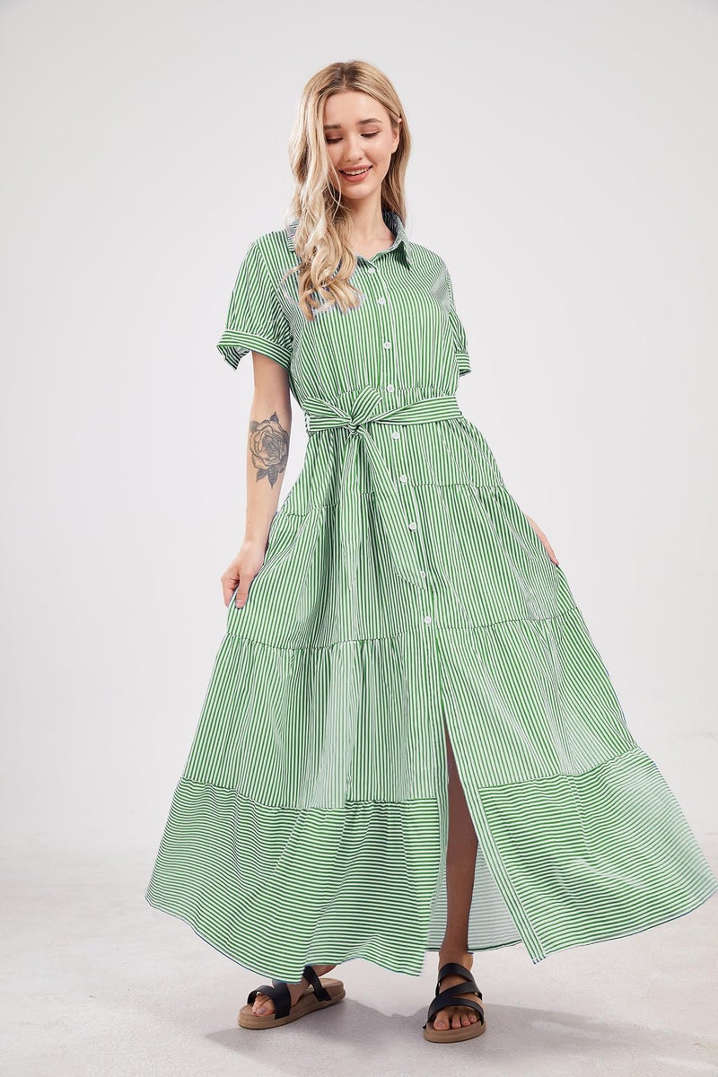 utcoco Womens Casual Short Sleeve Button Down Tie Waist Ruffled Striped Maxi Shirt Dress (X-Small, Green) - Image 2