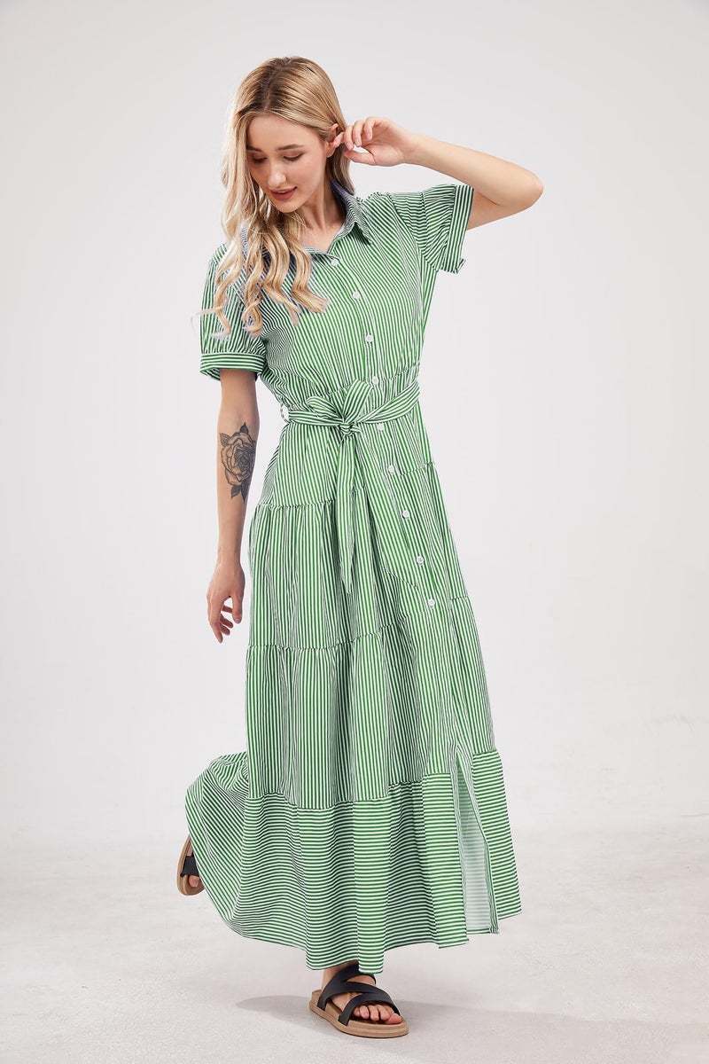 utcoco Womens Casual Short Sleeve Button Down Tie Waist Ruffled Striped Maxi Shirt Dress (X-Small, Green) - Image 5