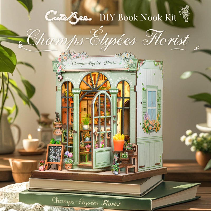 CUTEBEE Book Nook Kit - DIY Miniature House Dollhouse Kit for Adults and Teens, Booknook Tiny House Bookshelf Decor 3D Wooden Puzzle, Gifts for Family, Friends (Champs-Ã‰lysÃ©es Florist) - Image 4
