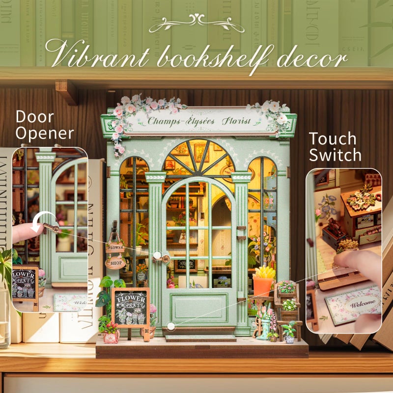 CUTEBEE Book Nook Kit - DIY Miniature House Dollhouse Kit for Adults and Teens, Booknook Tiny House Bookshelf Decor 3D Wooden Puzzle, Gifts for Family, Friends (Champs-Ã‰lysÃ©es Florist) - Image 3