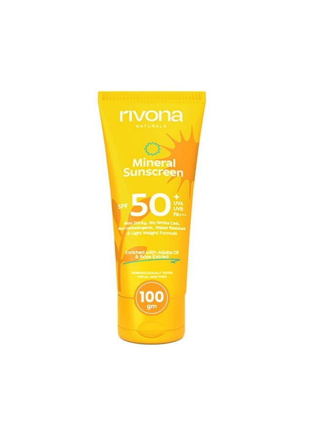 RIVONA NATURALS Mineral Sunscreen Spf 50 Pa +++ For Glowing Skin Uva & Uvb Filters No White Cast Nonoily And Nonsticky & Water Resistant For Men & Women & Kids 100 Gm  - Image 1