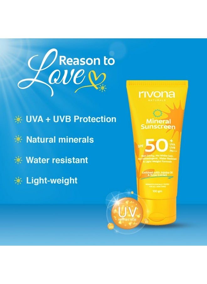 RIVONA NATURALS Mineral Sunscreen Spf 50 Pa +++ For Glowing Skin Uva & Uvb Filters No White Cast Nonoily And Nonsticky & Water Resistant For Men & Women & Kids 100 Gm  - Image 4
