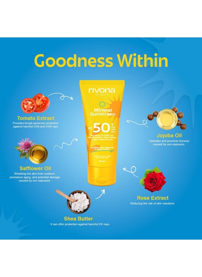 RIVONA NATURALS Mineral Sunscreen Spf 50 Pa +++ For Glowing Skin Uva & Uvb Filters No White Cast Nonoily And Nonsticky & Water Resistant For Men & Women & Kids 100 Gm  - Image 3