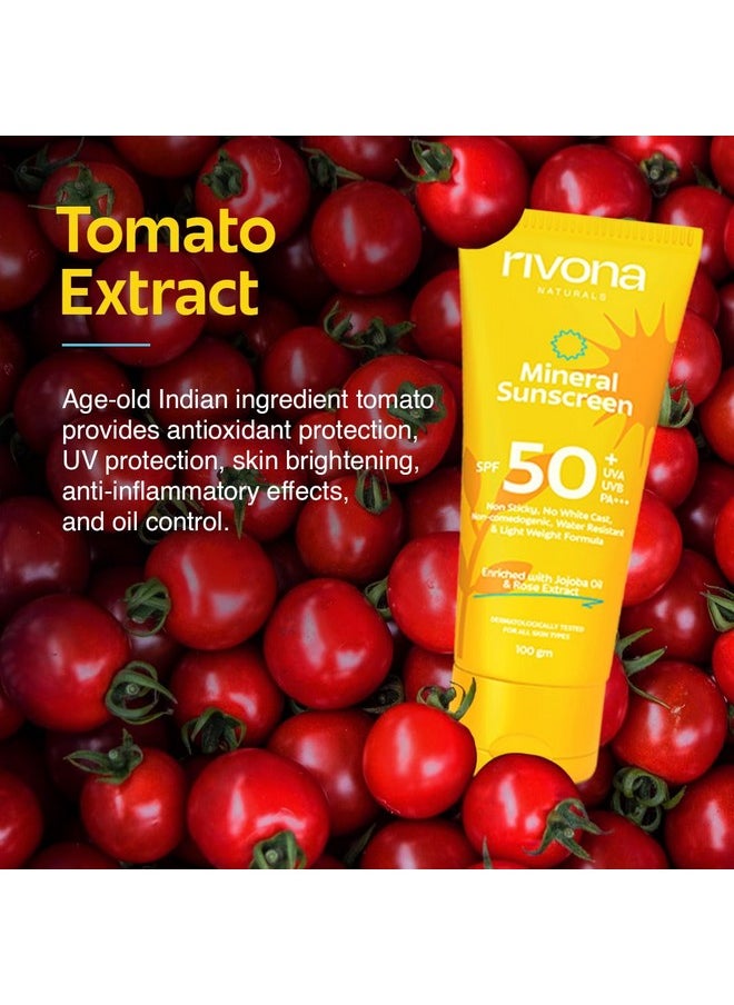 RIVONA NATURALS Mineral Sunscreen Spf 50 Pa +++ For Glowing Skin Uva & Uvb Filters No White Cast Nonoily And Nonsticky & Water Resistant For Men & Women & Kids 100 Gm  - Image 2