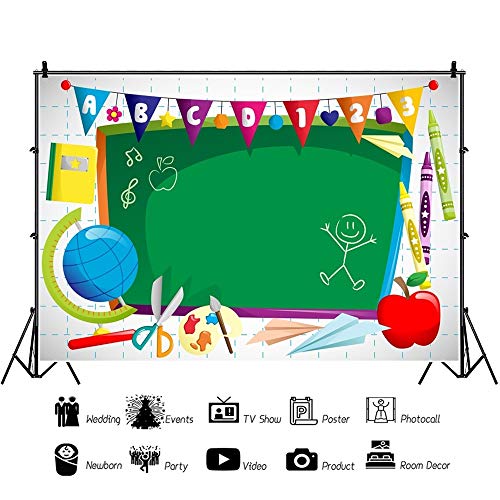 Leyiyi 7x5ft Vinyl Photography Background Welcome to Kindergarten Backdrop ABC Letters Blackboard Watercolor Pen Paper Airplane Globe Back to School Themed Party Backdrops Banner - Image 2