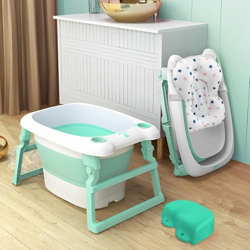 StarAndDaisy Baby Bath tub for Infant & Toddler 0 to 5 Years, 2-in-1 Bathub for Kids, Foldable tub with Cushion & Bathing Chair for Boys & Girls, Fast Drainage & Space Saving Design -Green - Image 1