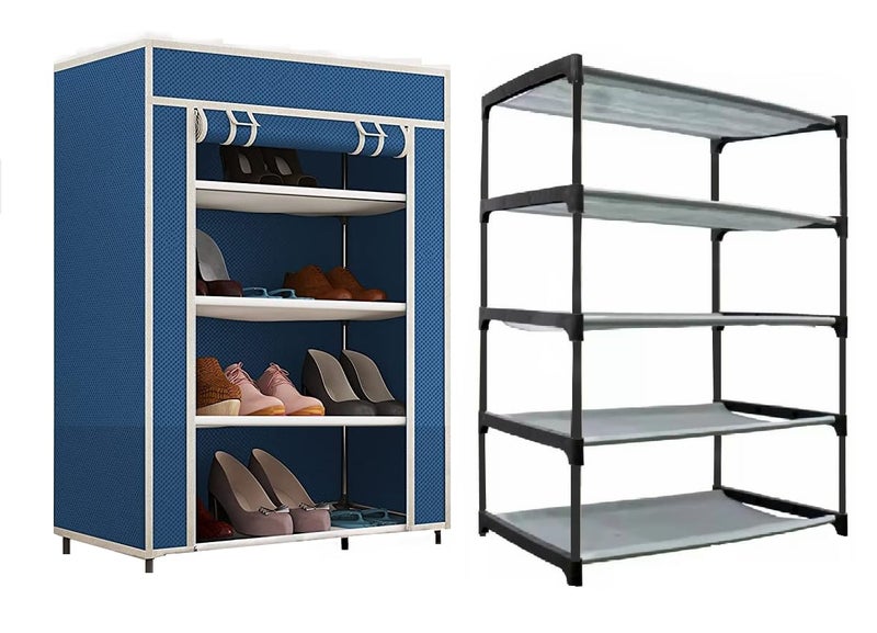 EXPOSURE 4 Layer Multipurpose Metal Pipes Non Woven Cover and Shelf with Single Connector Collapsible Shoe Rack Blue - Image 1
