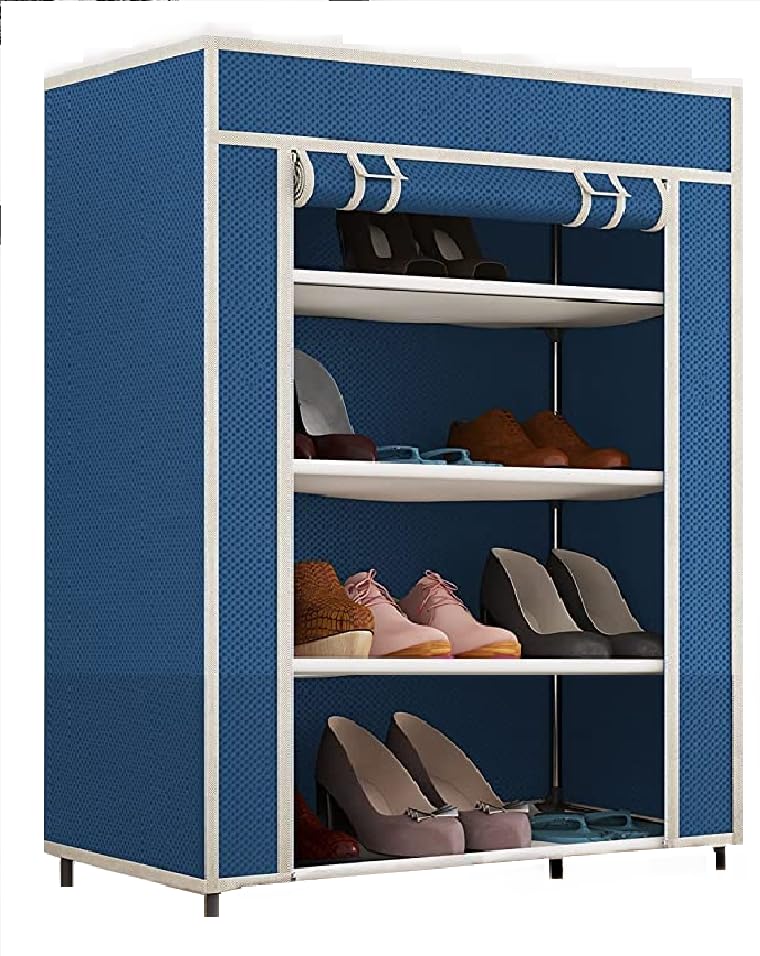 EXPOSURE 4 Layer Multipurpose Metal Pipes Non Woven Cover and Shelf with Single Connector Collapsible Shoe Rack Blue - Image 5