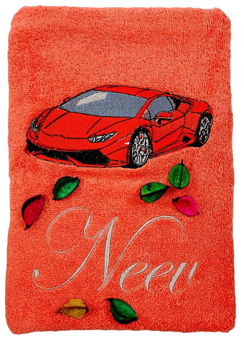 TurtleLittle Cotton Red Sports Car Personalised Kids Bath Towel 500 GSM Set of 1 Orange - Image 1