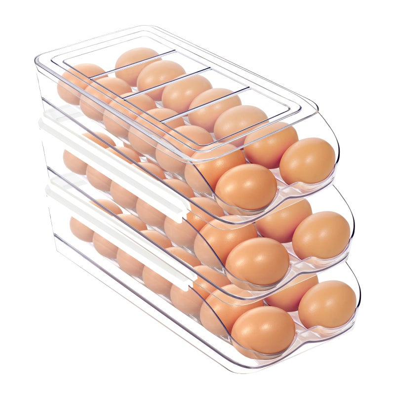 MesRosa Egg Holder for Fridge Automatic Rolling Egg Organizer for Refrigerator Clear Plastic Egg Container  Tray Stackable Dispenser and Storage Bin with Sturdy Lid to Saving Space 3 Layer