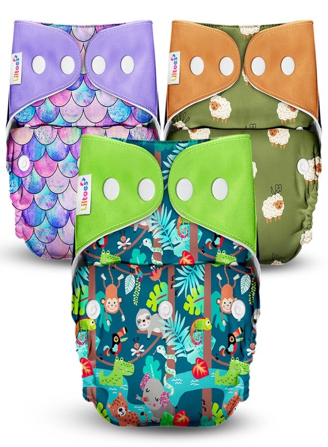 LILTOES Cloth Diapers For New Born Babies 0 to 3 Years | Adjustable & Reusable | Premium Cloth Nappies Pack of 3 (3 Cloth Diapers + 3 Inserts) | Jungle Safari+Little Mermaid+Nerdy Sheep - Image 5