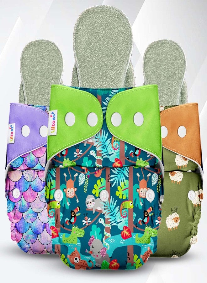 LILTOES Cloth Diapers For New Born Babies 0 to 3 Years | Adjustable & Reusable | Premium Cloth Nappies Pack of 3 (3 Cloth Diapers + 3 Inserts) | Jungle Safari+Little Mermaid+Nerdy Sheep - Image 1