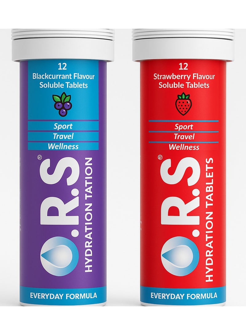 O.R.S Hydration Tablets with Electrolytes Natural Blackcurrent 12s and Strawberry 12s, Tablets