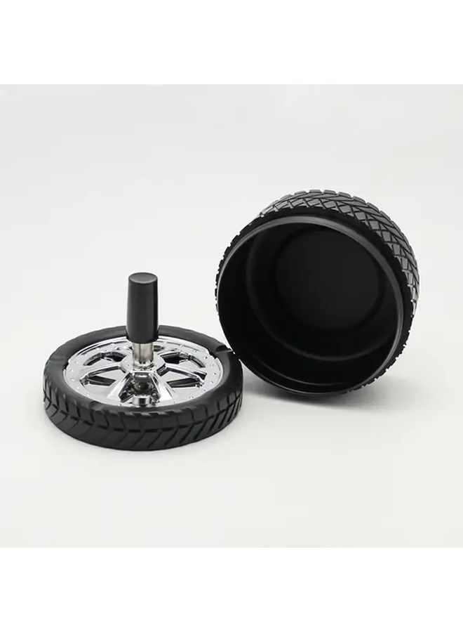 Black Windproof Push Down Rotating Ashtray With Lid Tire Design Home Decor - Image 1