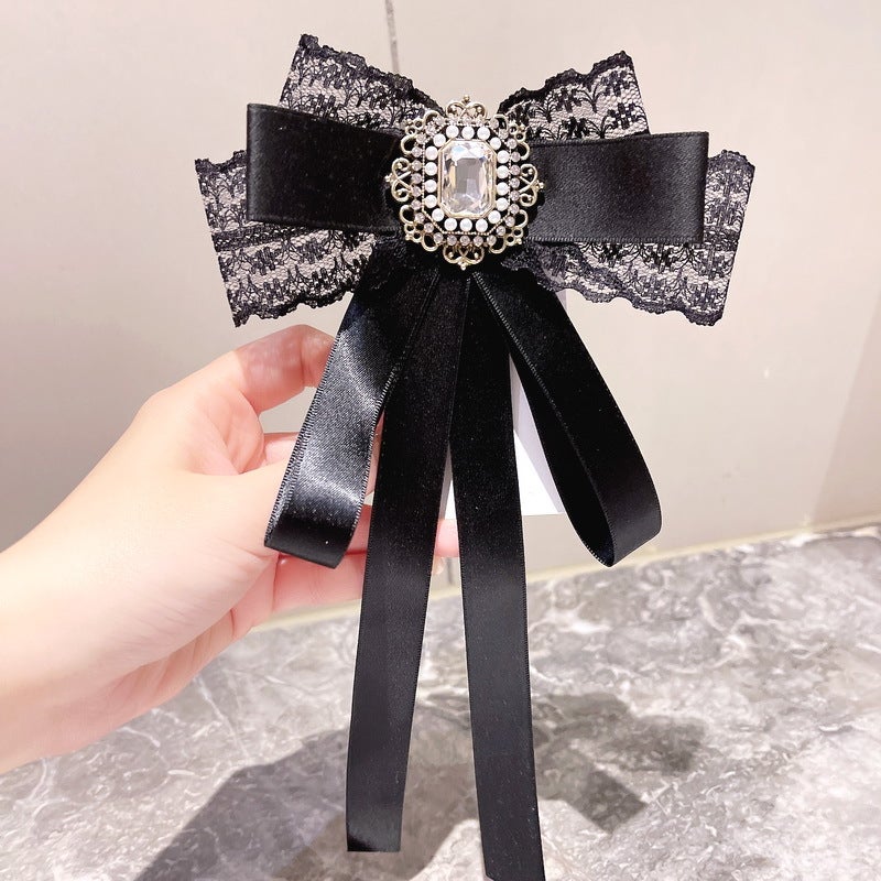 South Korea Fragrant Style Bow Tie Lace Ribbon Bow with Pin Shirt Collar Accessories Rhinestone Collar Flower Pin Women Black
