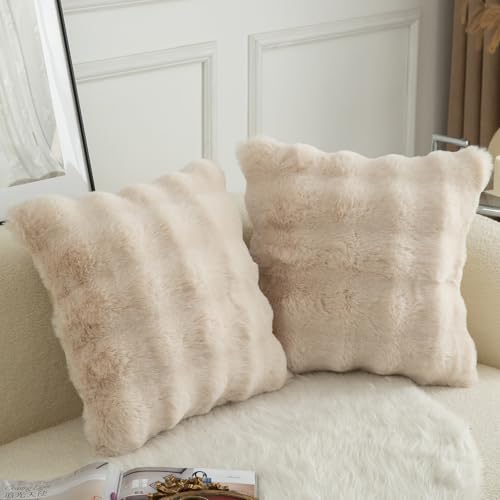 MANDIOO Pack of 2 Thick Plush Wool Decorative Throw Pillow Covers Super Soft Wave Bubble Fur Velvet Cushion Covers Pillow Shams for Couch Bed Living Room 16x16 Inch Beige - Image 3