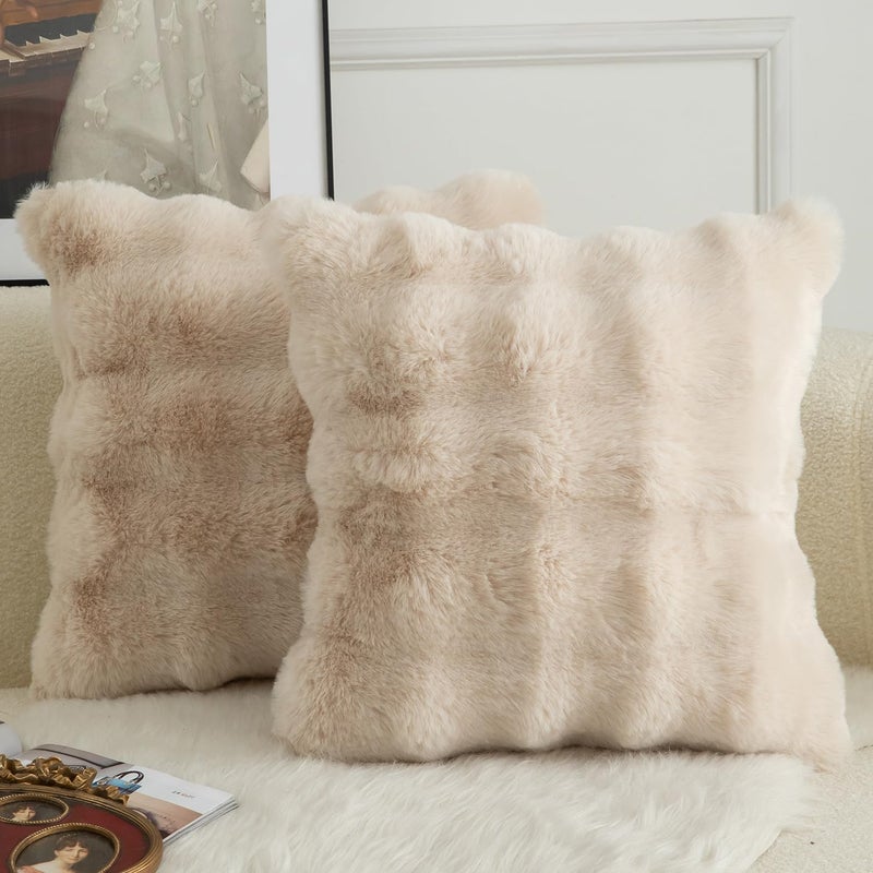 MANDIOO Pack of 2 Thick Plush Wool Decorative Throw Pillow Covers Super Soft Wave Bubble Fur Velvet Cushion Covers Pillow Shams for Couch Bed Living Room 16x16 Inch Beige - Image 2
