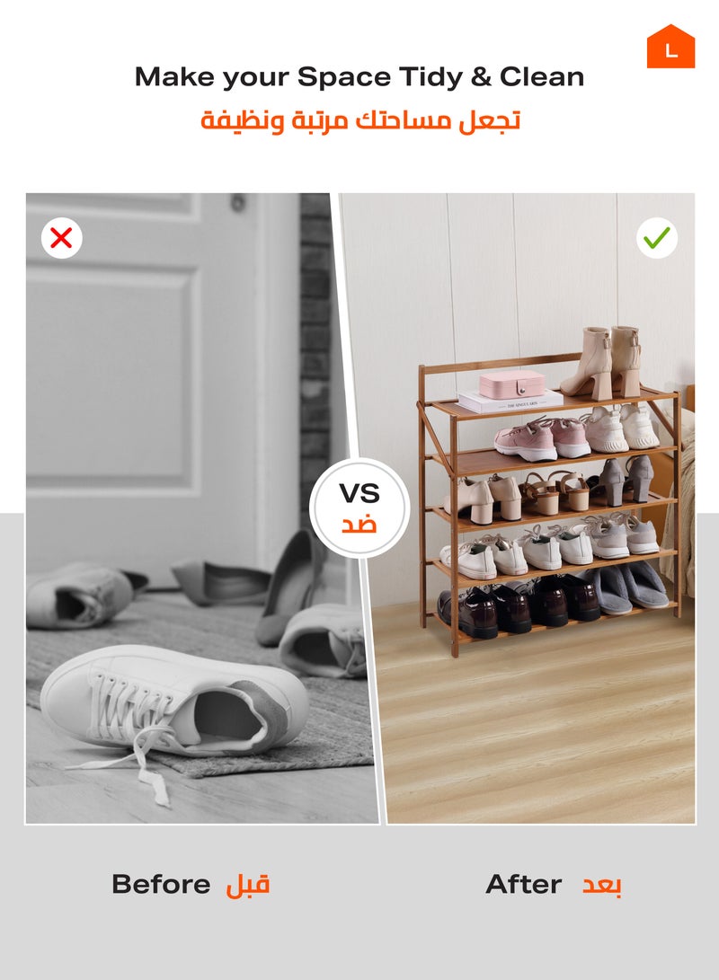 لوازم رف أحذية خشبي قابل للطي - حل تخزين أحذية متين وخفيف الوزن وقابل للطي بتصميم جيد التهوية وأقدام غير قابلة للانزلاق للمدخل والخزانة وغرفة النوم والجراج، 5 طبقات - Image 4