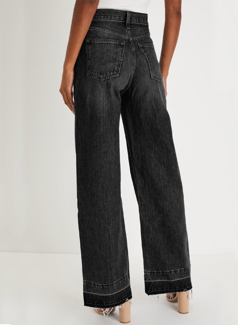 Astylish Womens High Waisted Straight Leg Long Jeans Wide Leg Raw Hem Zimbaplatinum Denim Pants Black - Image 2