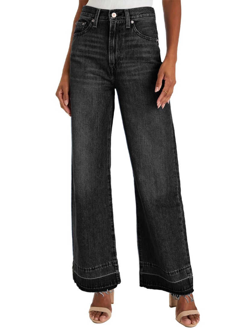 Astylish Womens High Waisted Straight Leg Long Jeans Wide Leg Raw Hem Zimbaplatinum Denim Pants Black - Image 1